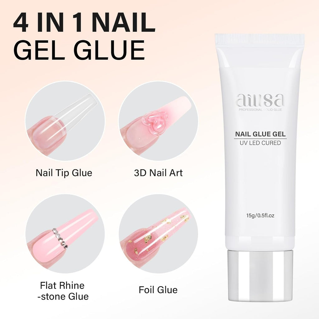 AILLSA Solid Gel Nail Glue for Nail Tips Super Strong Gel Glues Professional Fake Acrylic Soft Nails Glue U V Lamp Curing Needed - Long Lasting 15g / 0.5fl.oz